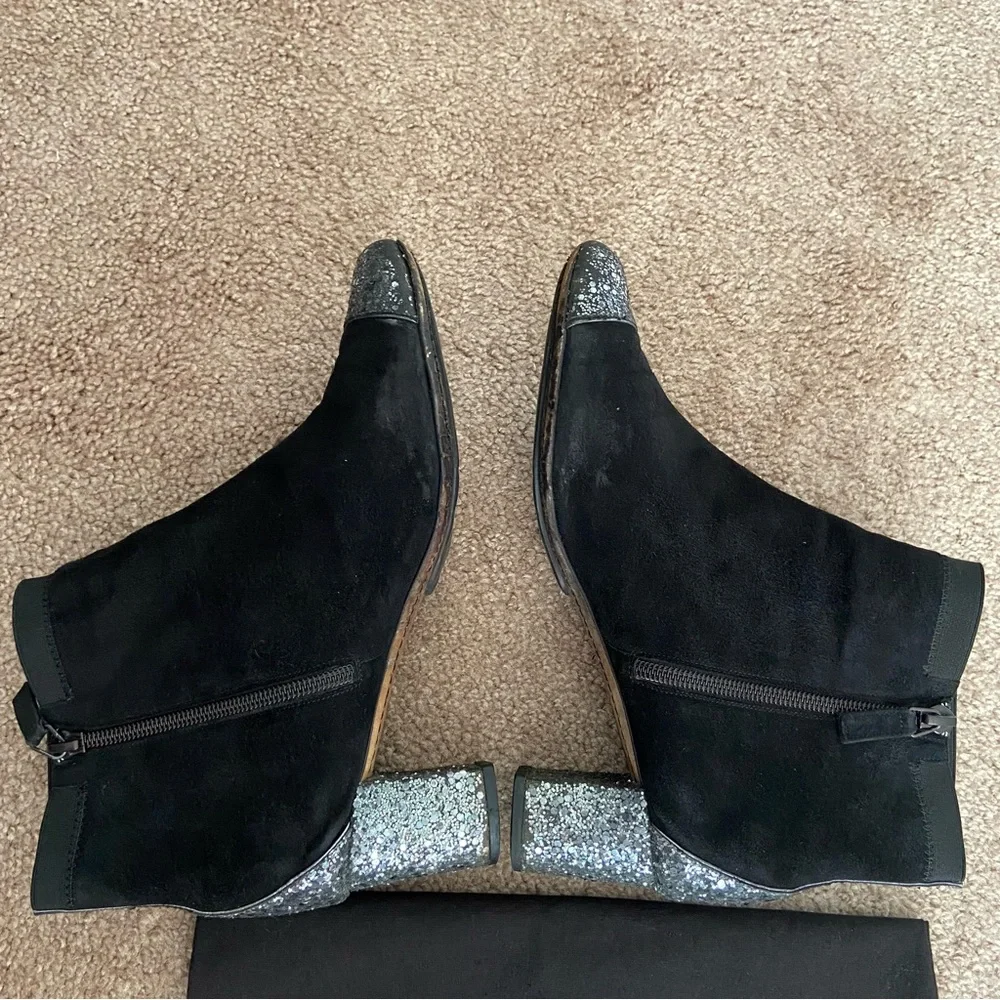 Chanel Black Suede Ankle Boots Booties with Glitters Heels and Toes